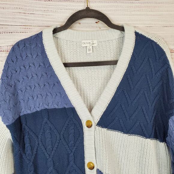 Olivia Sky Retro Grandma Sweater L Blue Chunky Mixed Media Knit Cozy Cardigan - Picture 3 of 11